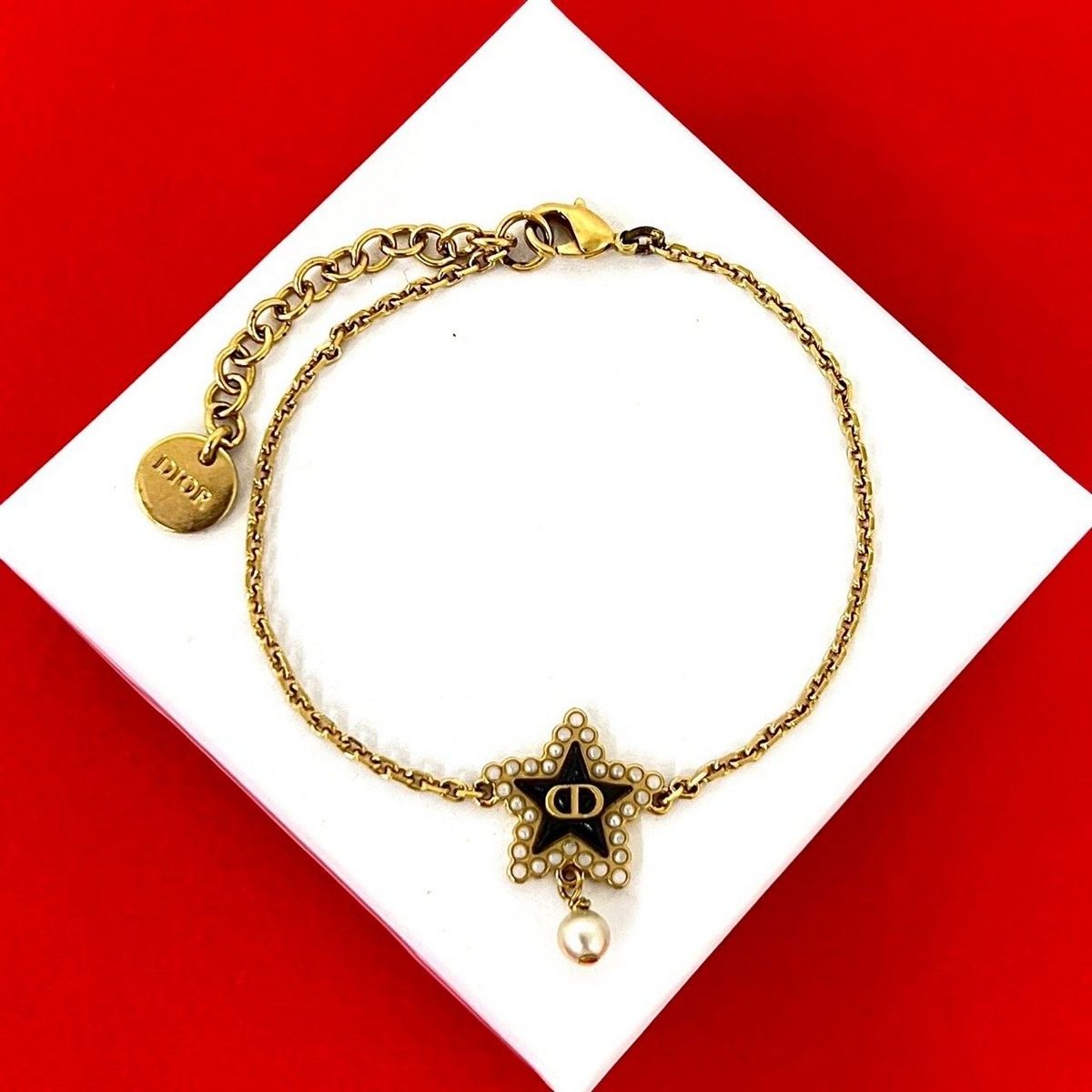 Dior CD Logo Star Motif Faux Pearl Chain Bracelet Gold