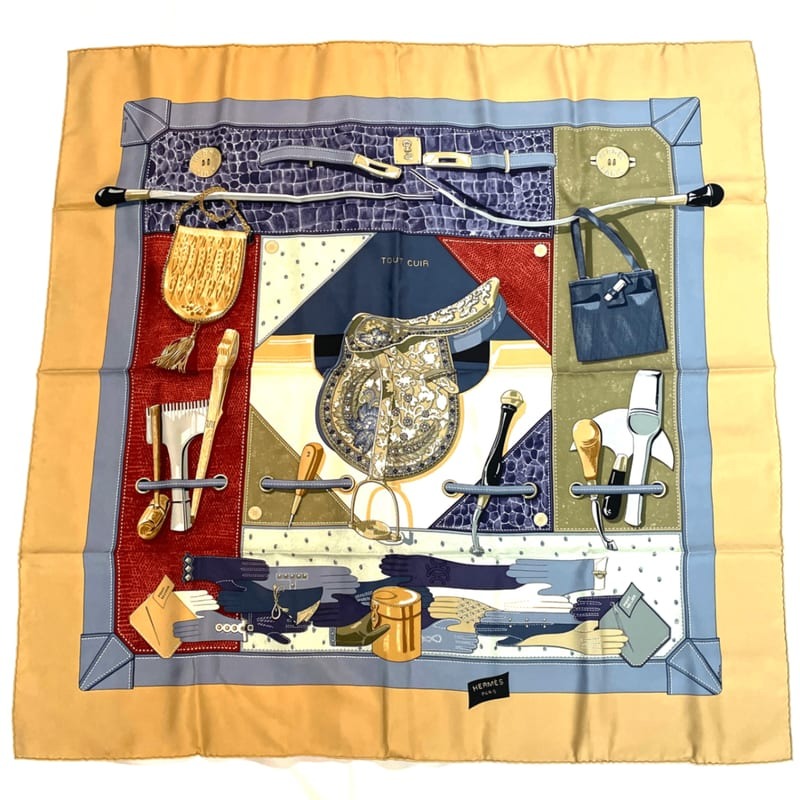 Hermes Scarf Carre 90 Tout Cuir All Skin Silk Blaw