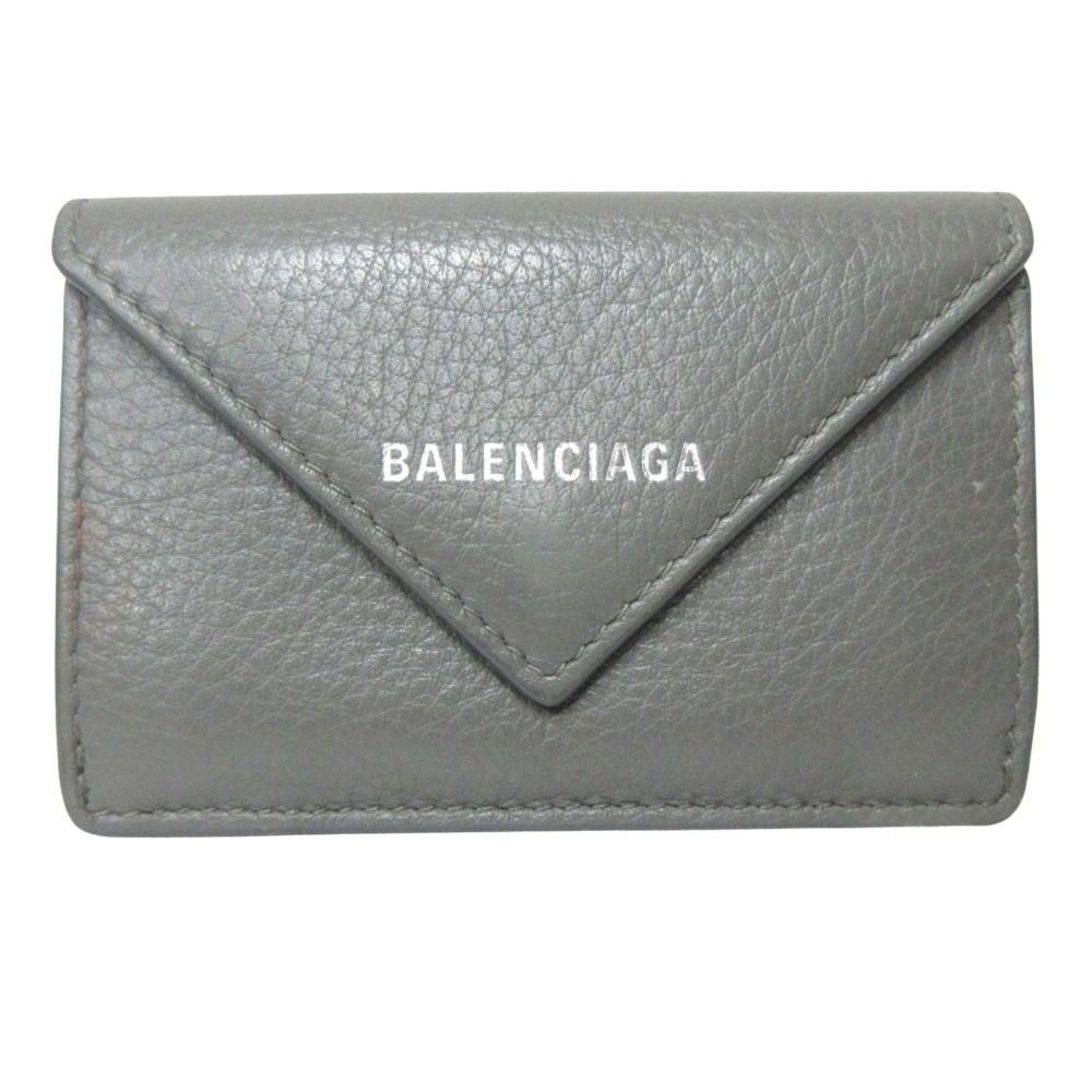 Balenciaga Paper Mini Wallet Case Trifold Leather Logo Print Gray
