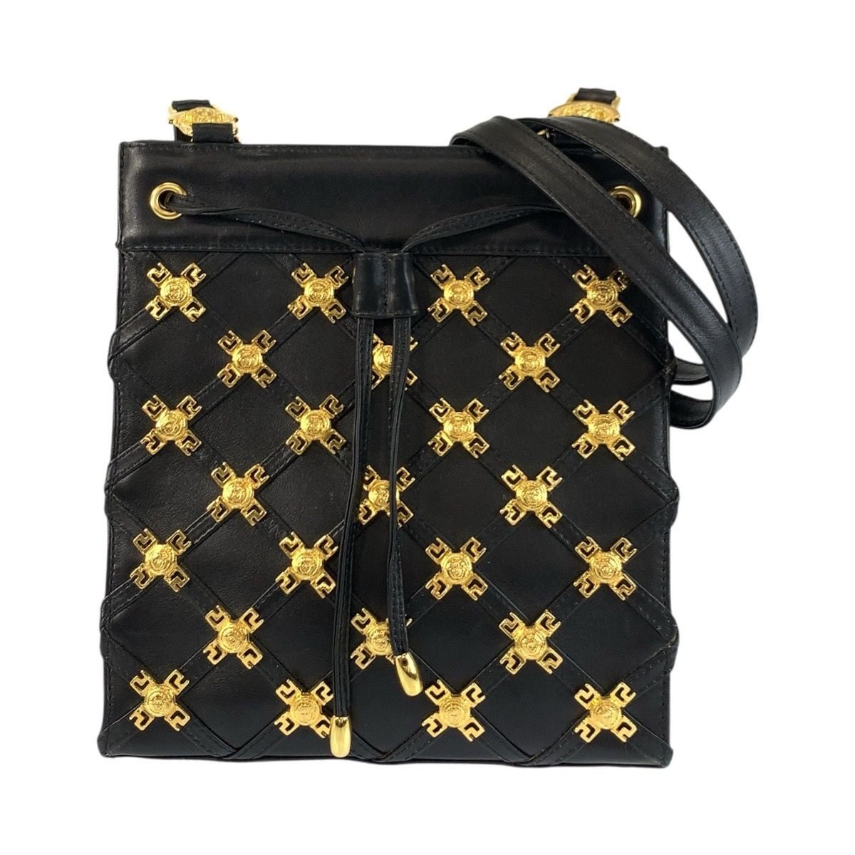 Versace Vintage Medusa Black Gold Leather Shoulder Bag Pochette
