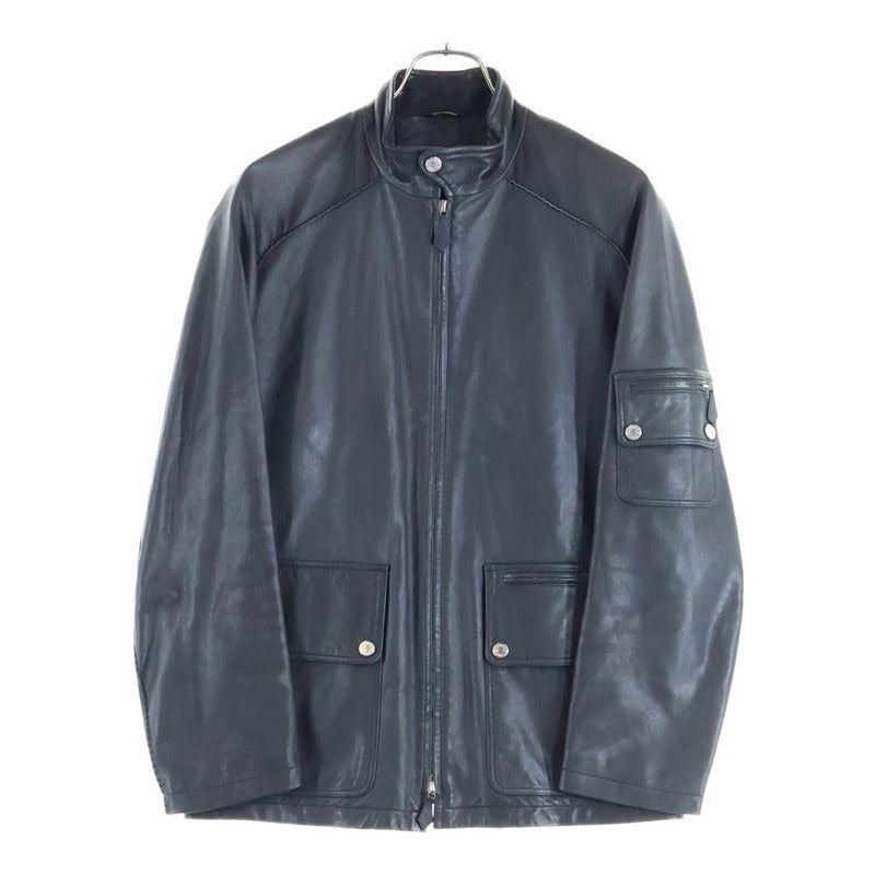Hermes Neck Button Cow Leather Single Riders Jacket Black