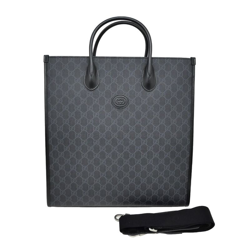 Gucci Tote Bag Interlocking G 2-Way Hand Black Shoulder Leather