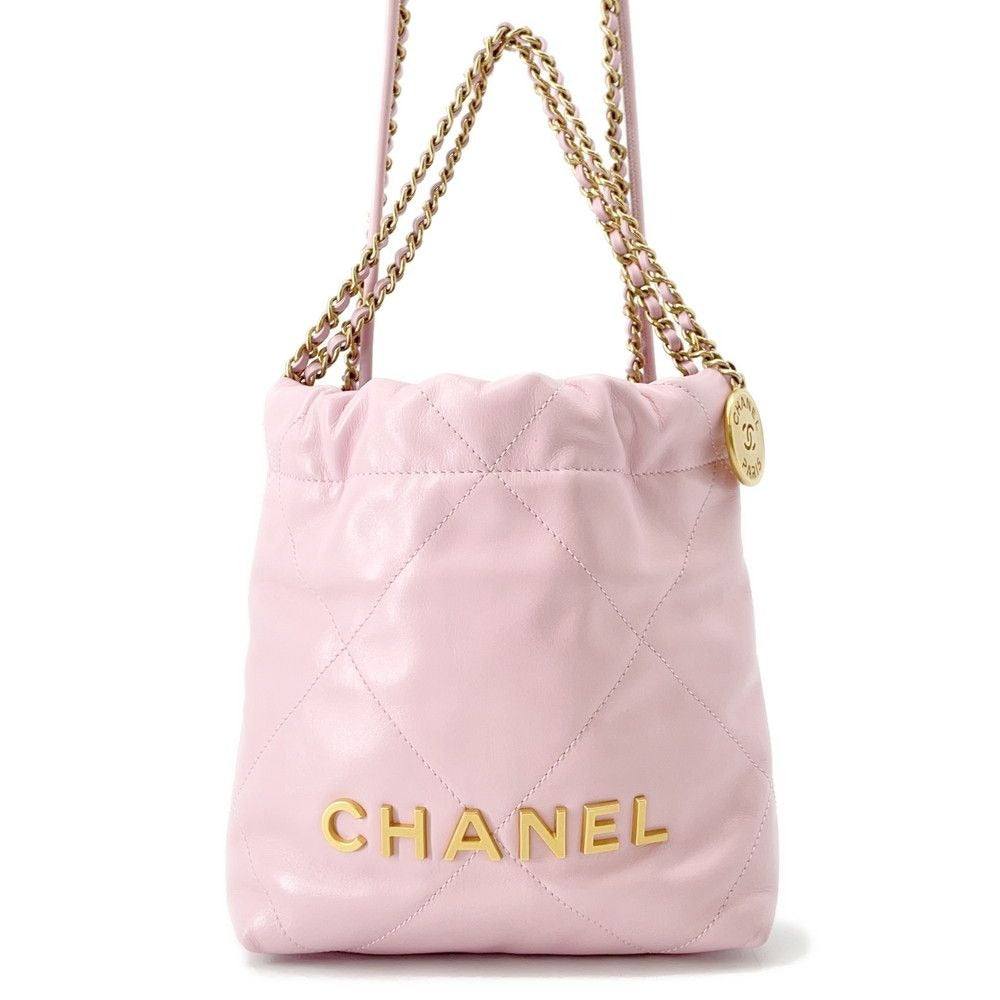 Chanel Handbag 22 Mini CC Logo Quilted Shiny Calf Leather