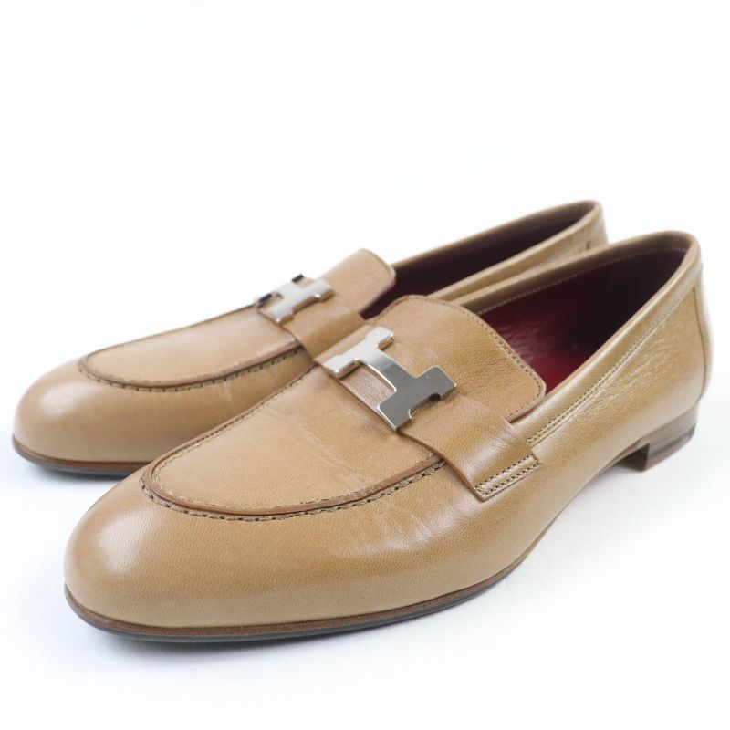 Hermes Moccasins Paris Constance Silver Hardware Leather Loafers Beige 38.5