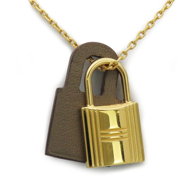 Hermes Necklace Eau Kelly Cadenas Metal Leather Gold Brown GP Engraved Y