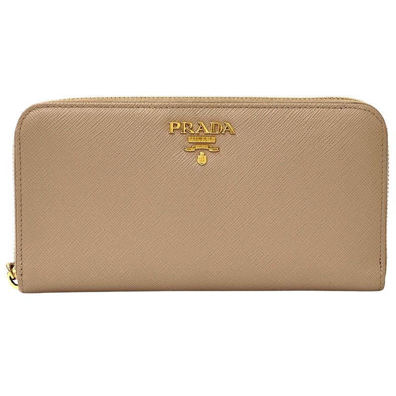 Prada Wallets Women's Branded Long Saffiano Beige 1ml506 Gold Hardware Round
