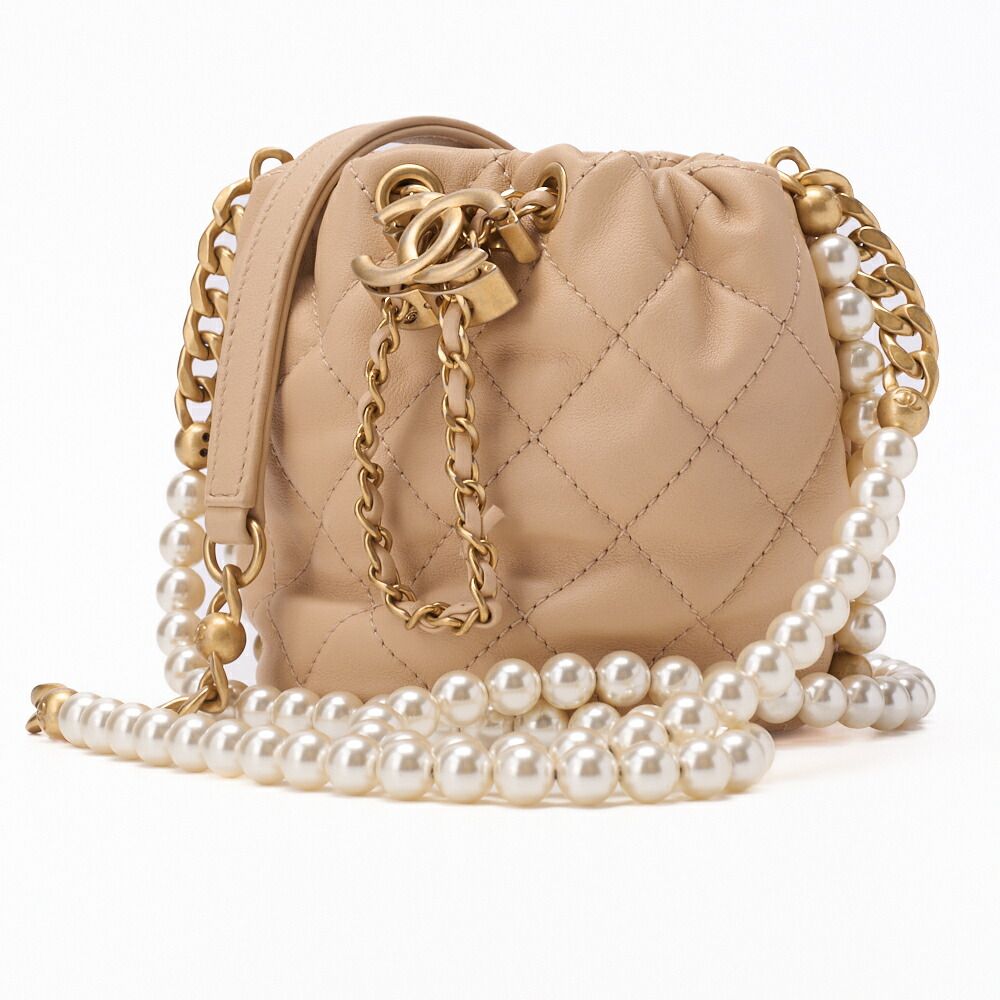 Chanel Matelasse Pearl Drawstring Chain Shoulder Lamb Skin Beige With Gold