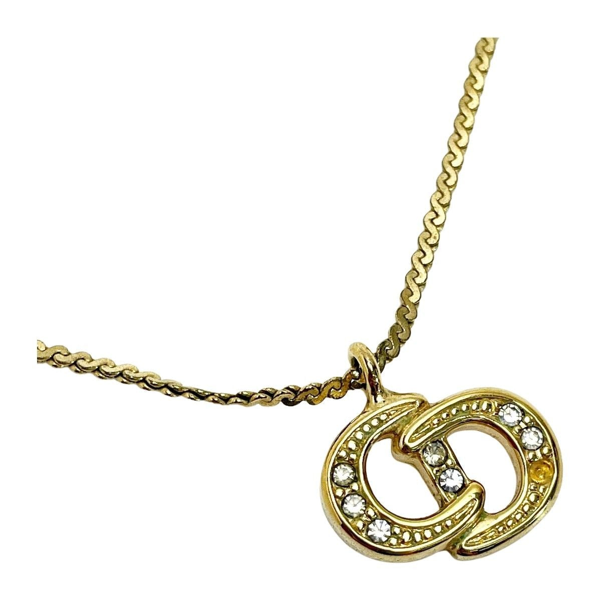 Christian Dior CD Logo Necklace Gold Rhinestone GP Accessories