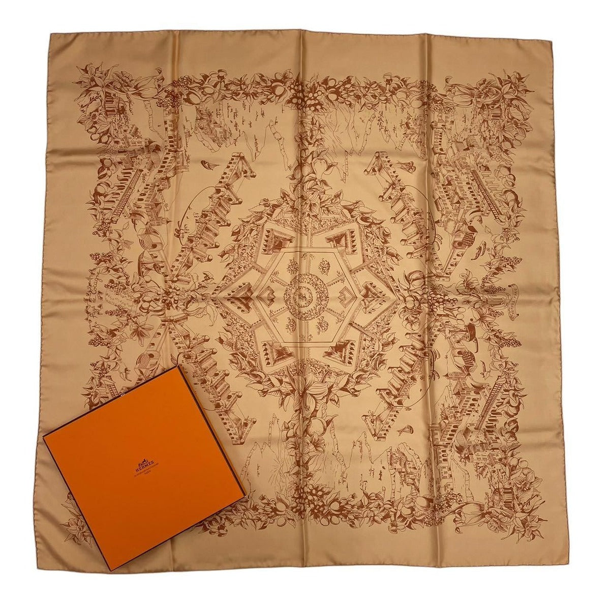 Hermes Scarf Carre 90 Silk Au Pays de Cocagne in Paradise Brown