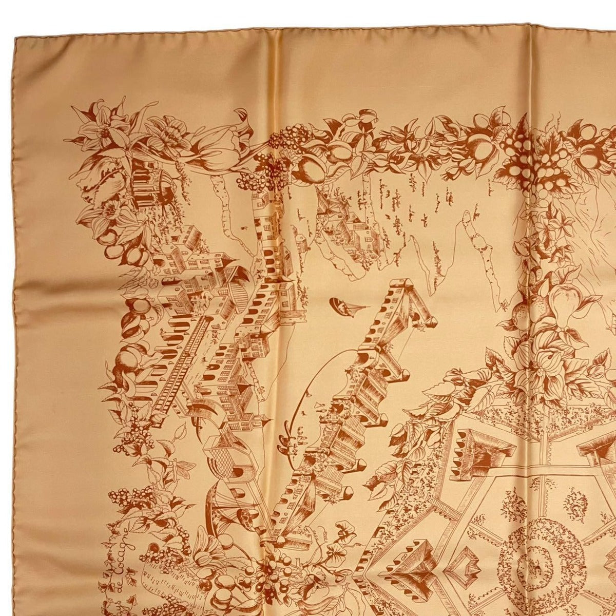 Hermes Scarf Carre 90 Silk Au Pays de Cocagne in Paradise Brown — view 3