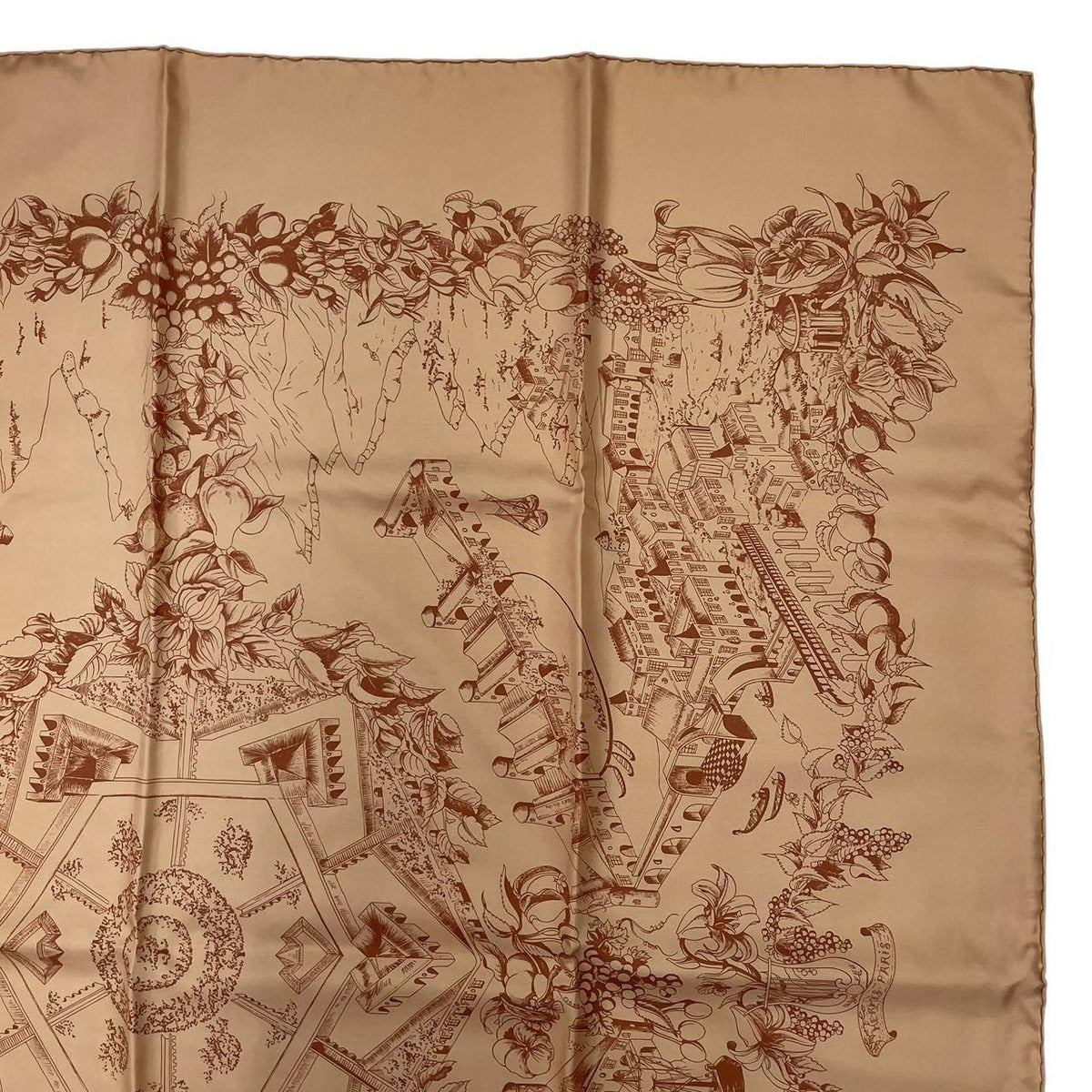 Hermes Scarf Carre 90 Silk Au Pays de Cocagne in Paradise Brown — view 4