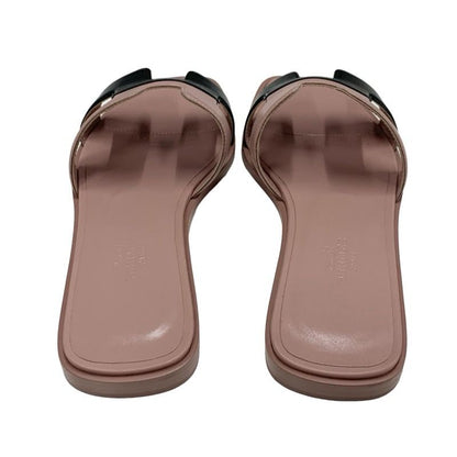 Hermes Oran Sandals Shoes Leather Pink Black Flat Sandals Mules