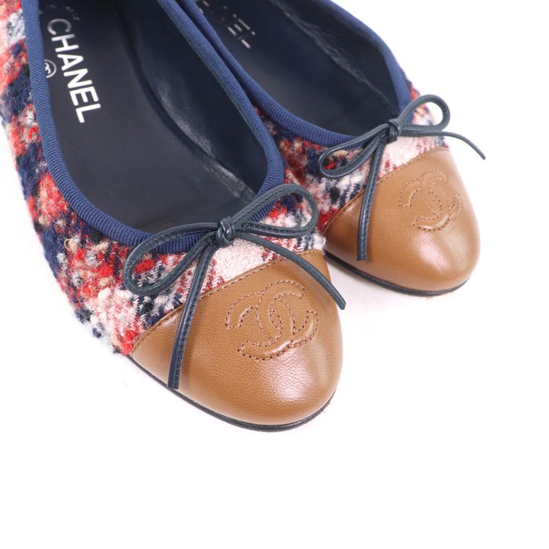 CHANEL Ballerina With Coco Mark Ribbon Leather Use Tweed Flat Pumps Multi 35.5