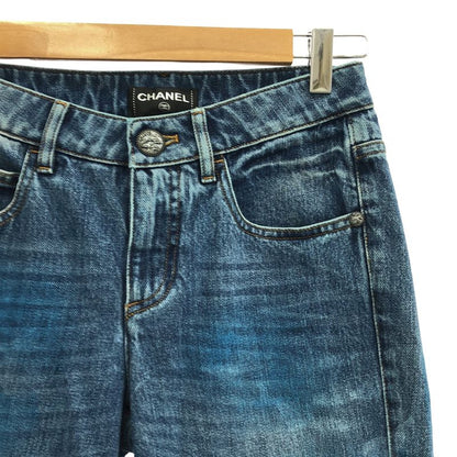 Chanel - Paint Finish Coco Mark Hem Zip Denim Pants - 34 - Indigo - Women's