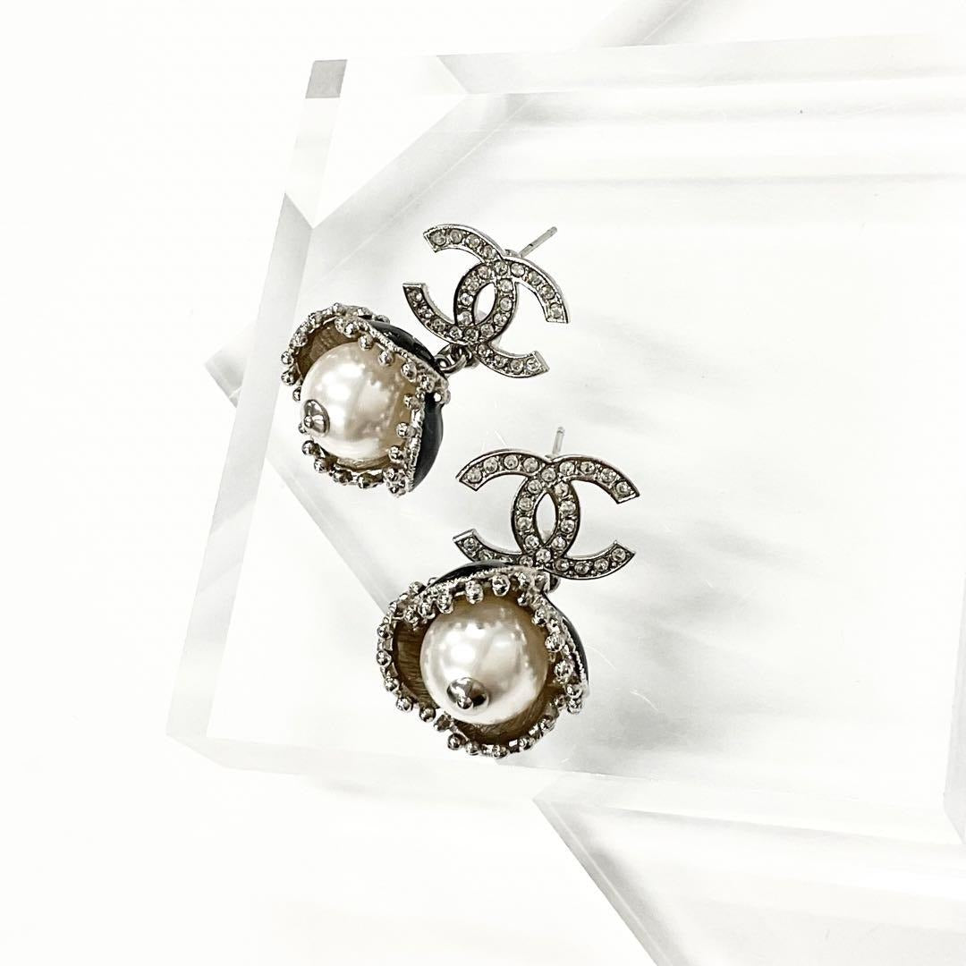 Chanel Coco Mark Rhinestone Pearl Flower Silver