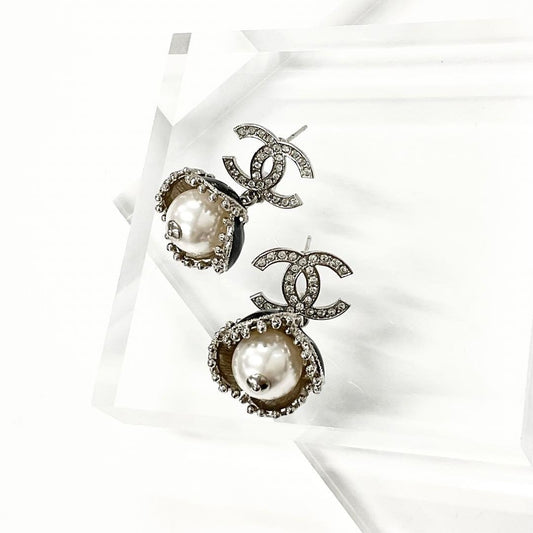 Chanel Coco Mark Rhinestone Pearl Flower Silver