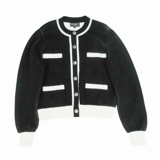 Chanel Cashmere Silk Bicolor 4 Pocket Long Sleeve Knit Cardigan Black