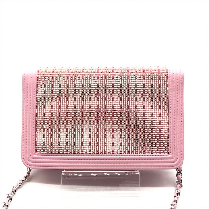 Chanel CC Logo Line Stone Chain Wallet Shoulder Bag Pink