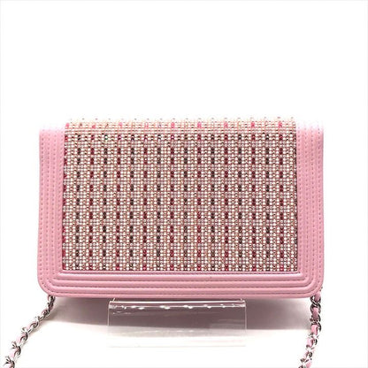 Chanel CC Logo Line Stone Chain Wallet Shoulder Bag Pink