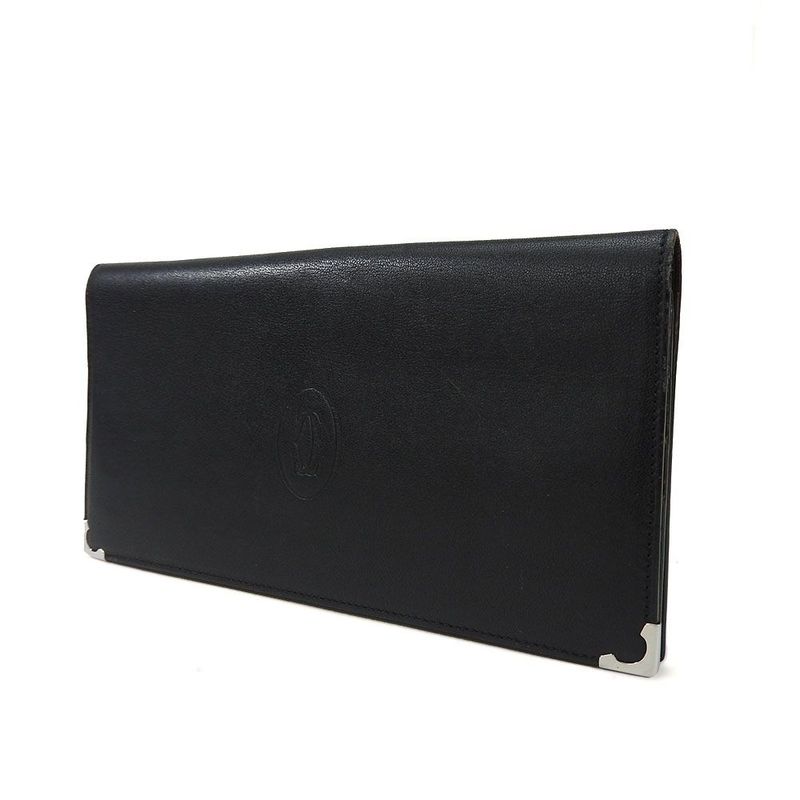 Cartier Bifold Long Wallet Cabochon Lineleather Leatherblackblacksilverhardwarea