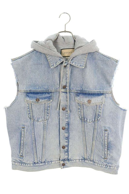 Gucci 697042 Xdb0u Denim Transitional Sleeveless Hoodie With Back Patch Men's 52