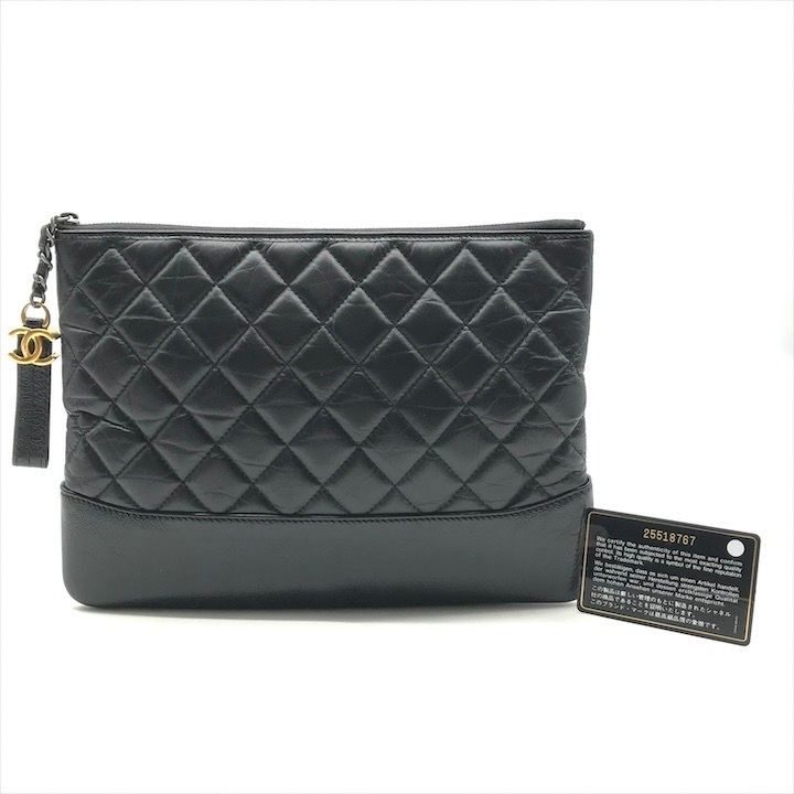 Chanel CC Logo Quilted Gabriel Lambskin Hand Clutch Black