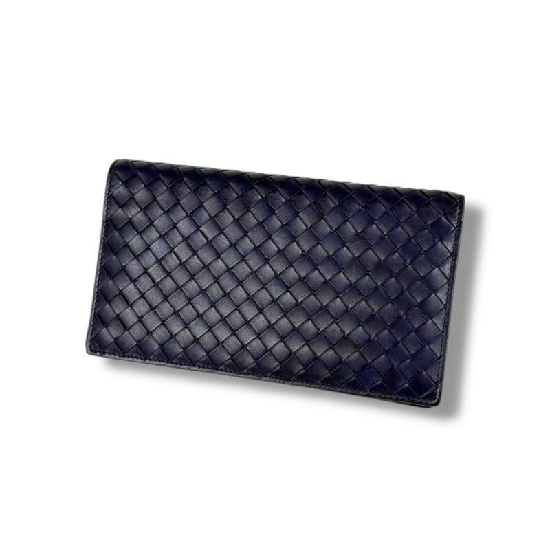 Bottega Veneta Bifold Long Wallet Intrecciato Leather Navy