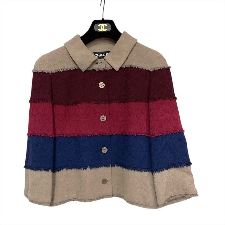 Chanel Logo Button 00c Block Color Border Wool Blend Jacket Haori Multi