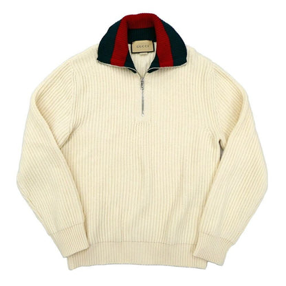 Gucci Wool Zipper Web Striped Knit Cream XS Long Sleeve Sweater