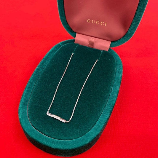 Gucci Link To Love Bar Pendant 18Kwhite Gold Diamond Chain Necklace Silver