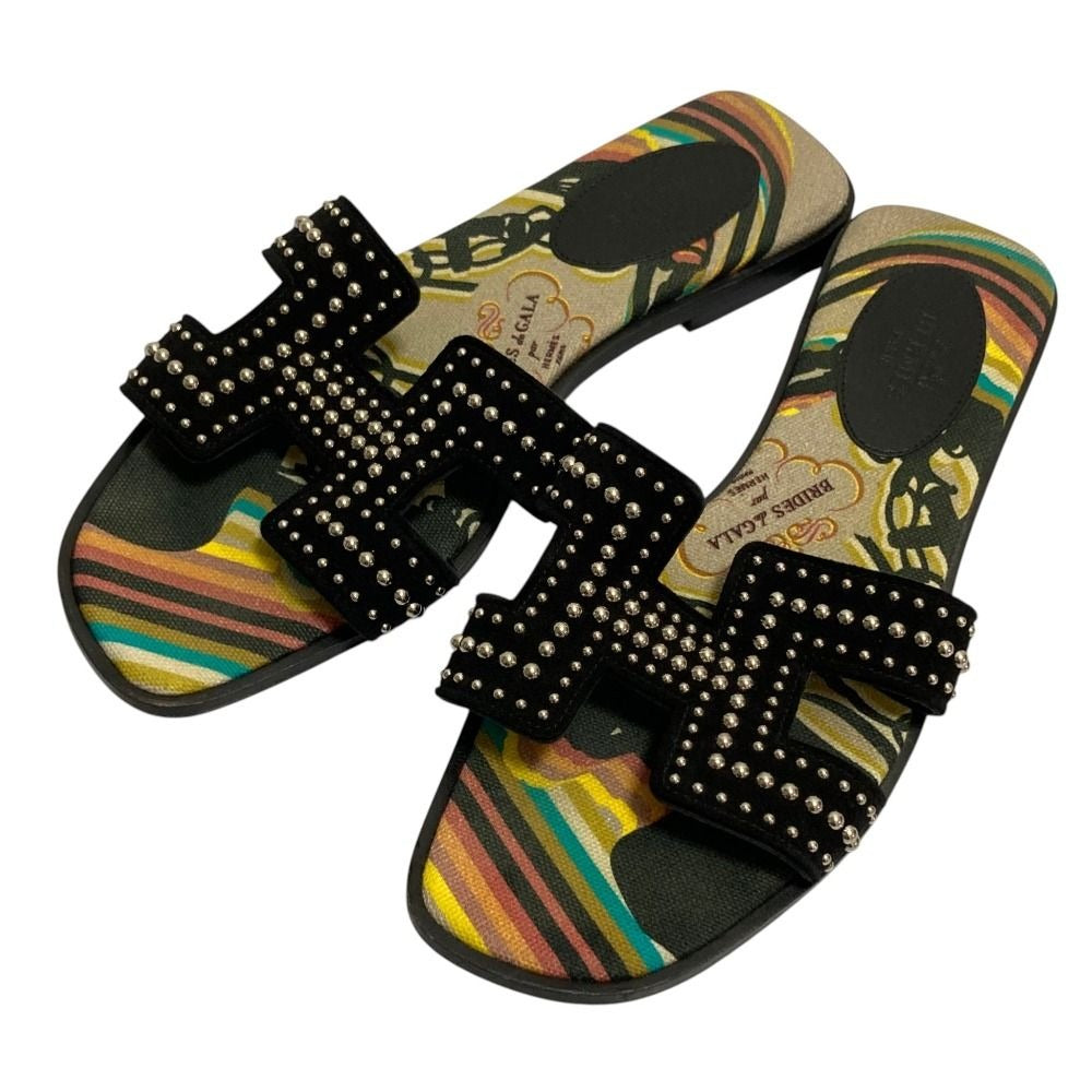 Hermes Oran Studded Flat Sandals 36 Black