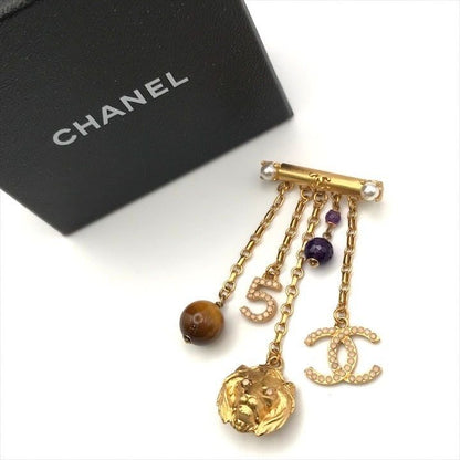 Chanel CC Logo Lion Motif Color Stone Taiga Eye Brooch Gold