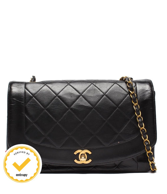 Chanel Chain Shoulder Bag Gold Quilted Single Flap Diana 25