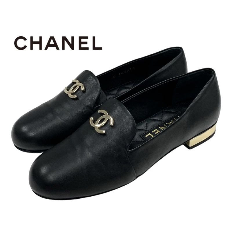 Chanel Loafers Leather Shoes Lambskin Black Gold Opera Flat Here