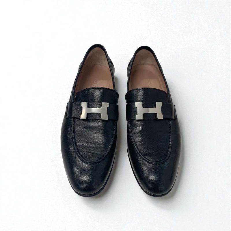 Hermes Paris Loafers Shoes Leather Black Silver Moccasins Flat Hhardware