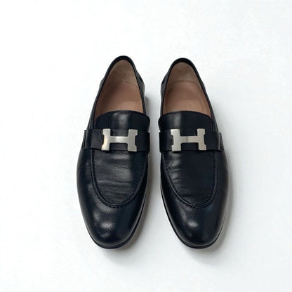 Hermes Paris Loafers Shoes Leather Black Silver Moccasins Flat Hhardware