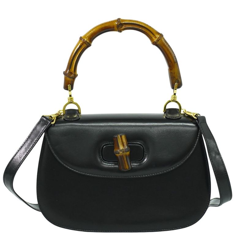 Authentic Gucci Bamboo 2WAY Shoulder Bag Handbag Pochette Leather Black Bamboo