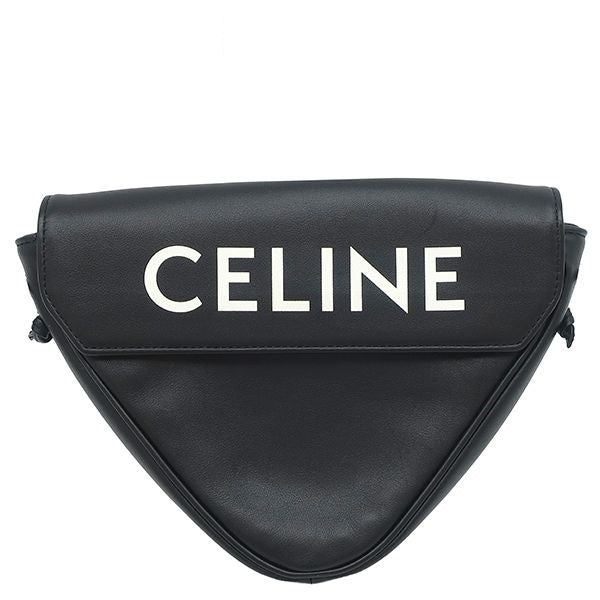 Celine Shoulder Bag Triangle Leather Black Silver Pochette Logo Print