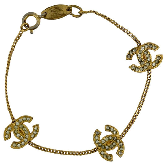 Chanel CC Logo Line Stone Triple Bracelet Gold