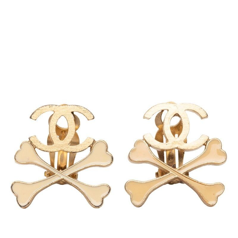 Chanel CC Logo Bone Earrings Gold Beige Plated