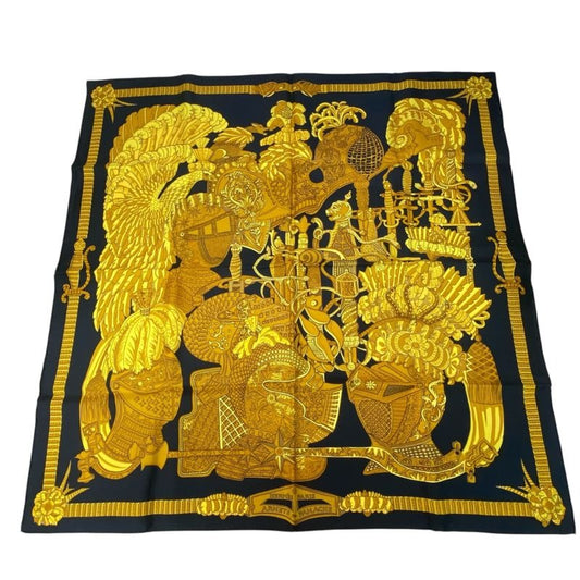 Hermes Carre 90 Armets En Panache Feathered Cavalry Helmet Black Gold Scarf