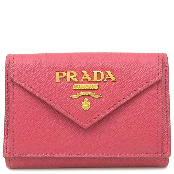 Prada Trifold Wallet Metal Logo Leather Pink Gold Hardware Compact Wallet