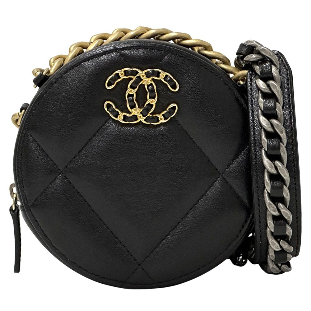 Chanel 19 Shoulder Bag Lambskin Black Gold Silver Micro Chain Crossbody Round
