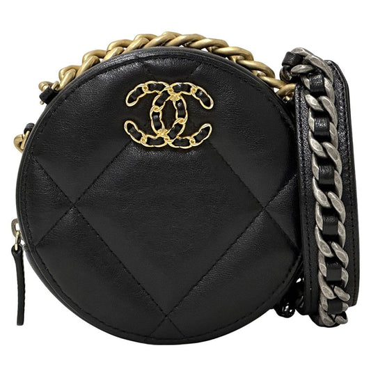 Chanel 19 Shoulder Bag Lambskin Black Gold Silver Micro Chain Crossbody Round