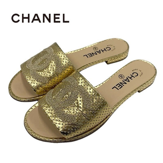 Chanel Sandals Shoes Leather Gold Flat Sandals Mules Coco Mark Punching