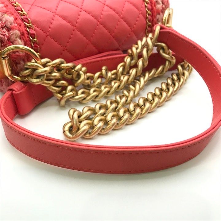 Chanel CC Logo Tweed Lambskin Chain Shoulder Bag Pink Gold