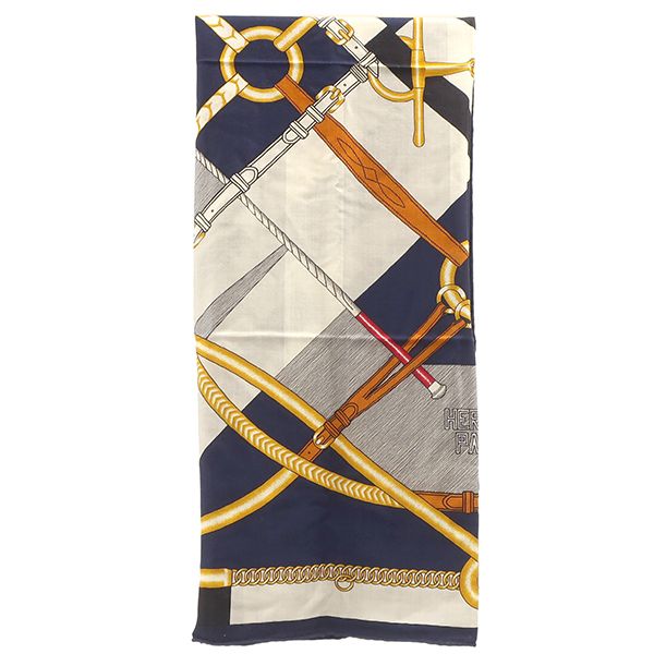 Hermes Shawl Carre 140 Carre Cashmere Silk Marine White and Gold [parcours Sans