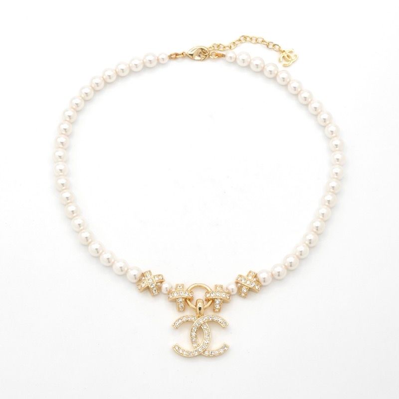 Chanel Necklace Pendant Choker Gold Coco Mark Rhinestone Pearl