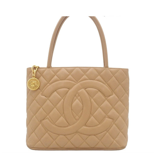 Chanel Reissue Tote Bag Beige Gold Caviar Leather Quilted CC Logo Vintage