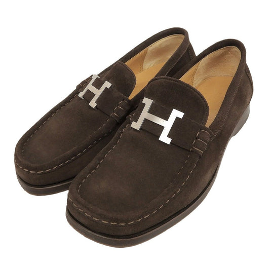 Hermes Constance Silver Hhardware Suede Leather Loafers Flat Shoes Brown 36